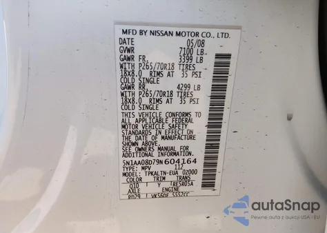 2009 Nissan Armada Se z USA, uszkodzony, nr VIN 5N1AA08D79N604164